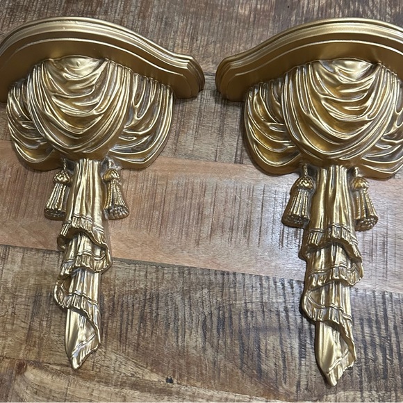 Gold Painted Wodden Wall Shelf / Sconce - Drape / Tassel Neoclassical MCM Pair 2